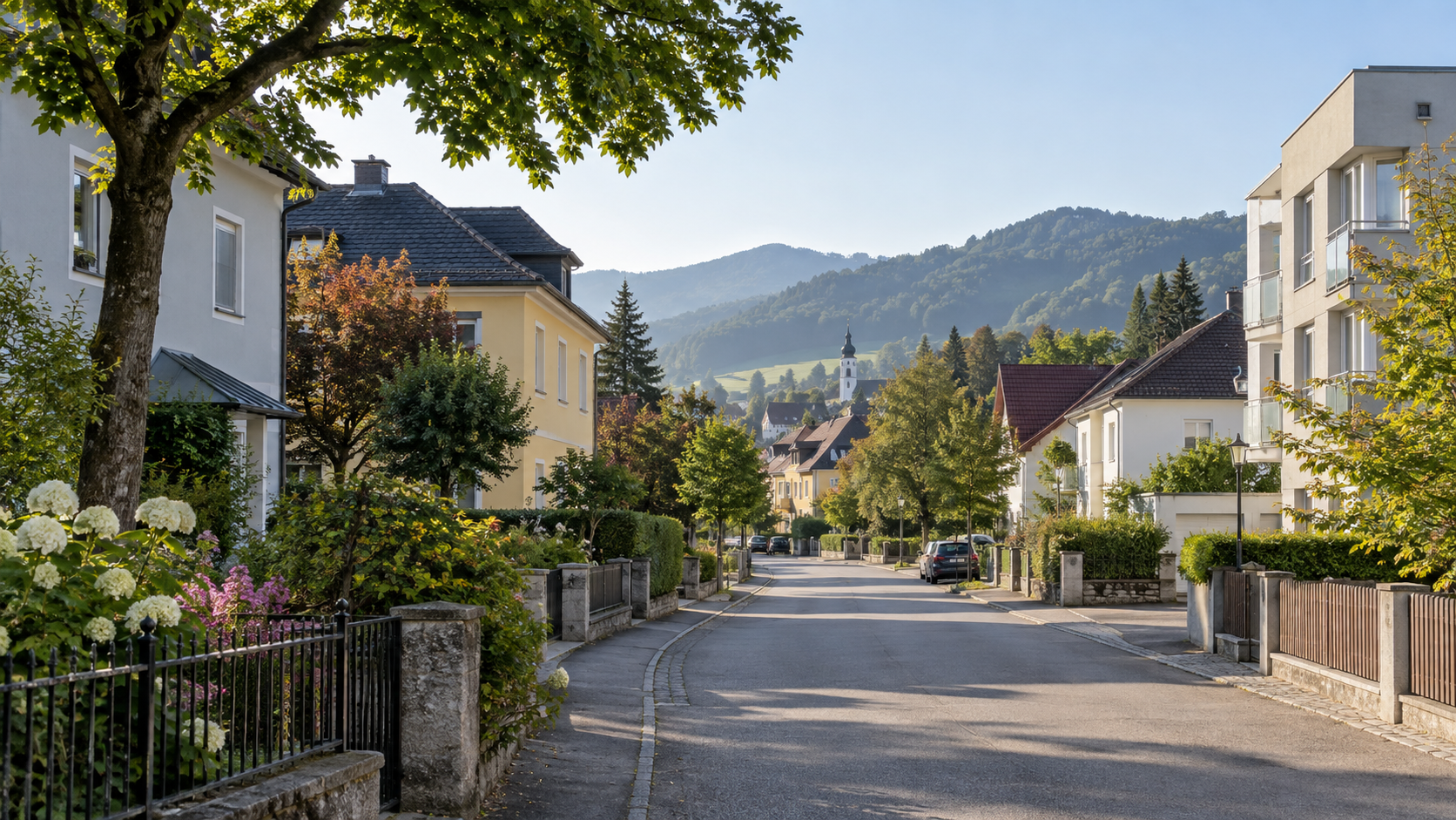 Ruhige Wohnstraße mit Häusern, Gärten und Hügeln